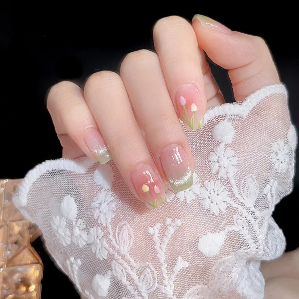 Whimsical Floral Elegance Short Square Pink and Green Ombre with Hand-Painted Flower Accents Press-On Nail Set