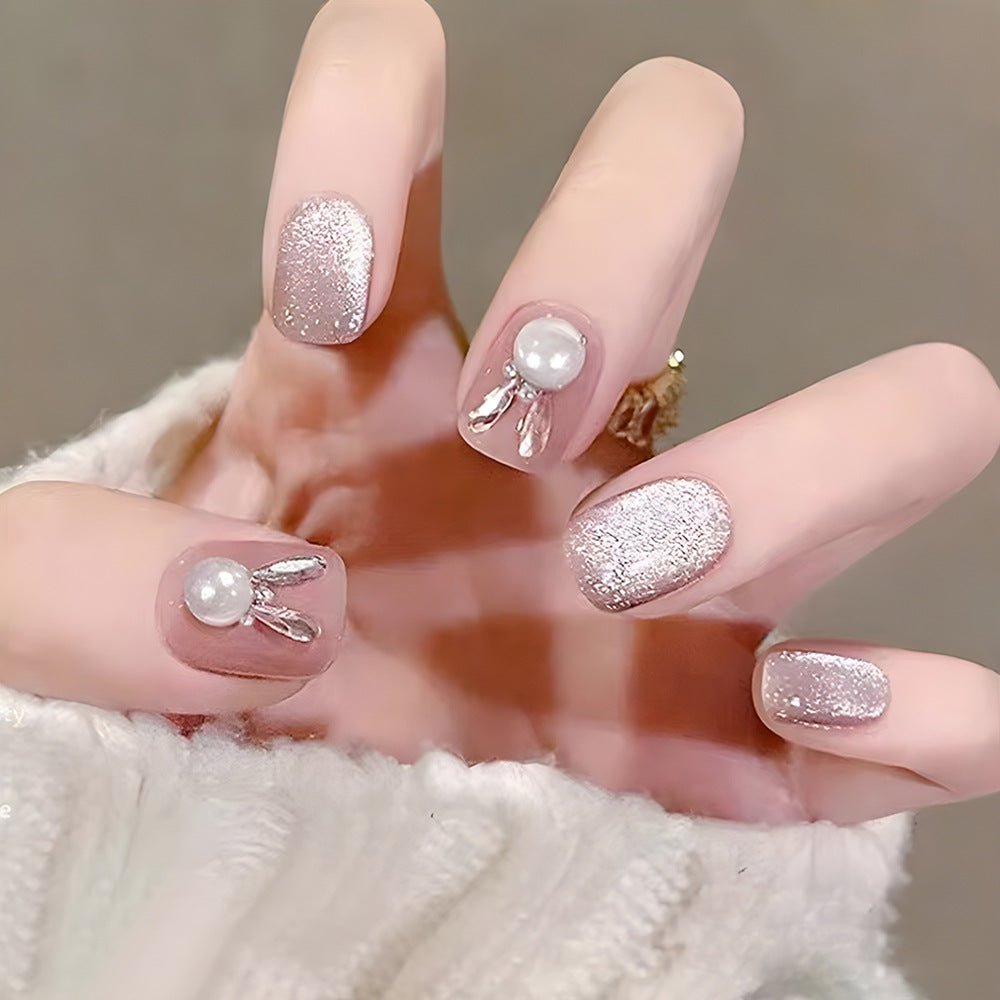 Glamorous Shimmer Medium Square Pink Press On Nail Set with Pearl and Metallic Feature