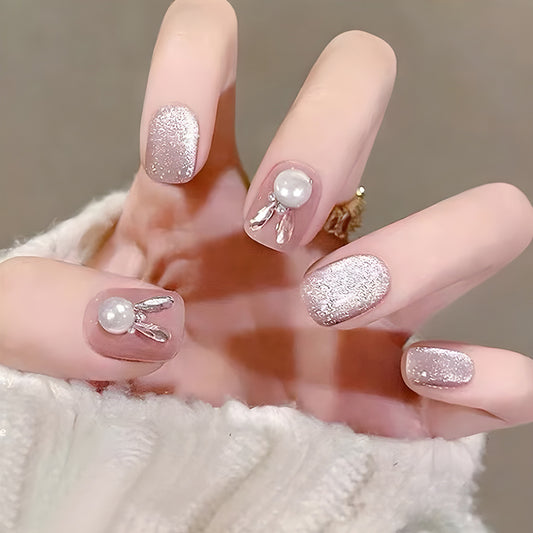 Glamorous Shimmer Medium Square Pink Press On Nail Set with Pearl and Metallic Feature