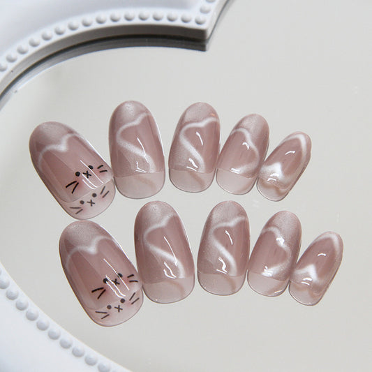 Whimsical Cat Whiskers Theme Medium Oval Pink Press On Nail Set with Accent Designs