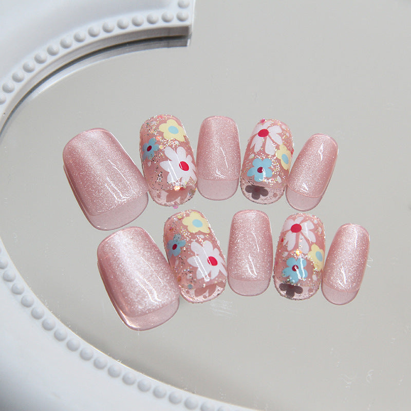 Spring Blossom Collection Medium-Length Coffin Pink Glitter Press On Nails with Floral Accents