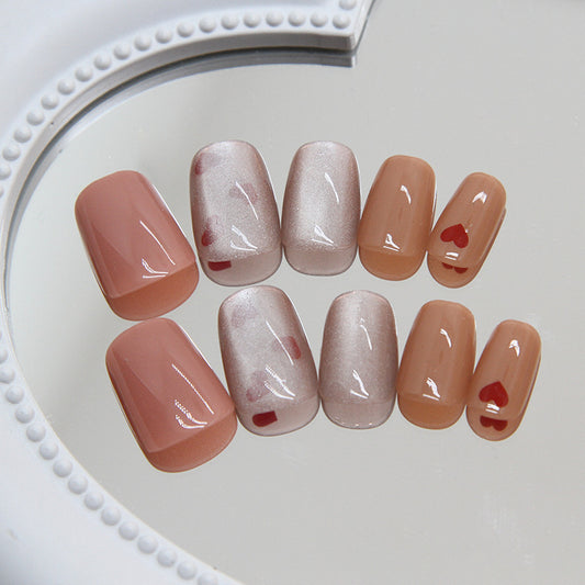 Elegant Bridal Collection Medium Coffin Beige Press On Nails with Glitter Accents and Red Heart Design