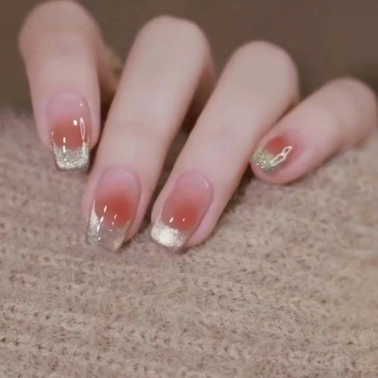 Elegant Bridal Collection Medium-Length Coffin-Shape Press On Nails in Beige with Sparkling Silver Accents