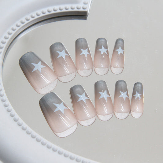 Celestial Dreams Long Coffin Ombre Beige Press On Nail Set with Star Accents