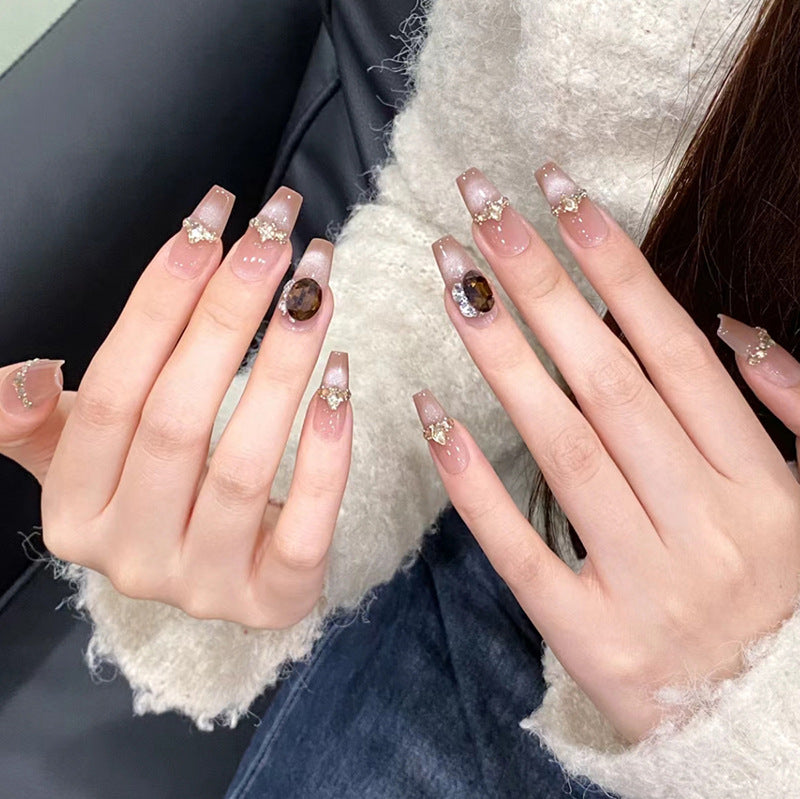 Elegant Evening Medium Coffin Brown Glitter Accent Press On Nail Set with 3D Bow Embellishments