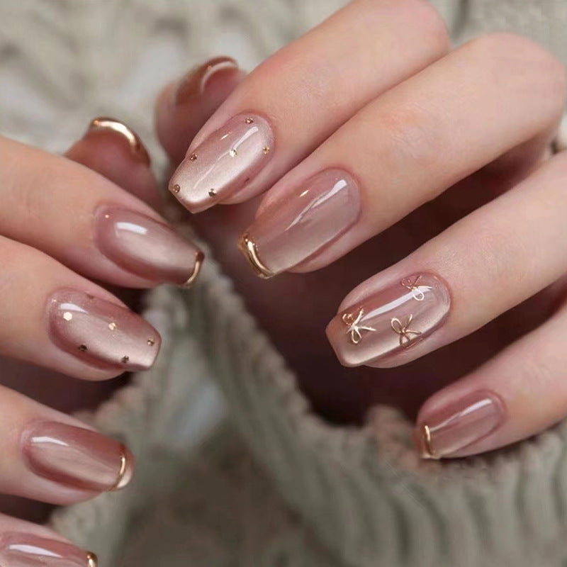 Elegant Affair Medium Square Mauve Press On Nails with Gold Accents and Rhinestone Embellishments