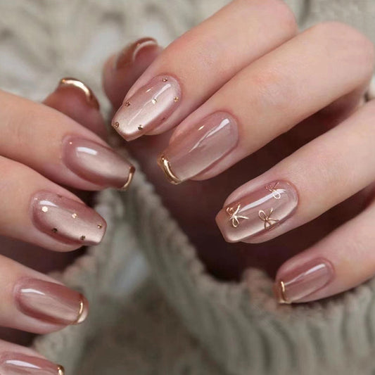Elegant Affair Medium Square Mauve Press On Nails with Gold Accents and Rhinestone Embellishments