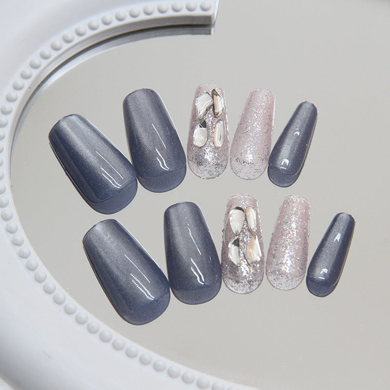 Enchanted Evening Medium Coffin Gray Glitter Press On Nails with 3D Jewel Accents