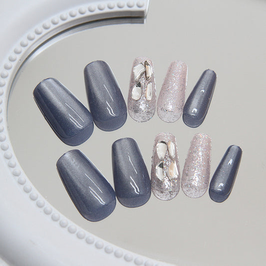 Enchanted Evening Medium Coffin Gray Glitter Press On Nails with 3D Jewel Accents