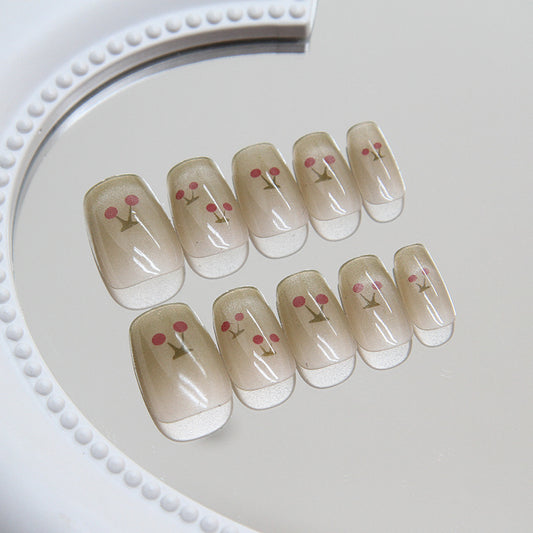 Cherry Blossom Festival Short Square Beige Press On Nail Set with Floral Accents