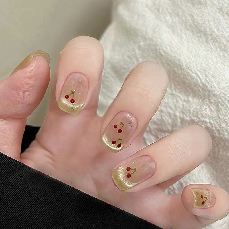 Cherry Blossom Festival Short Square Beige Press On Nail Set with Gold Accent Tips and Red Detailing