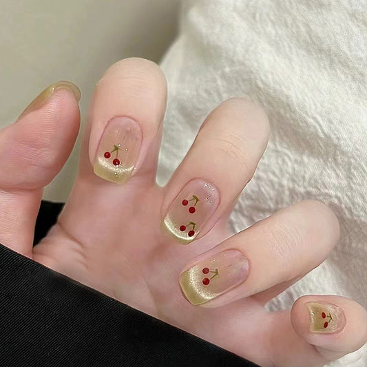 Cherry Blossom Festival Short Square Beige Press On Nail Set with Gold Accent Tips and Red Detailing