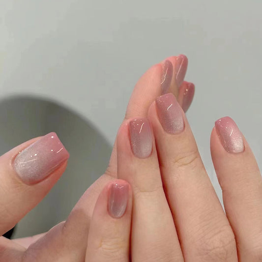 Blushing Elegance Short Square Pink and White Gradient Shimmer Press On Nails