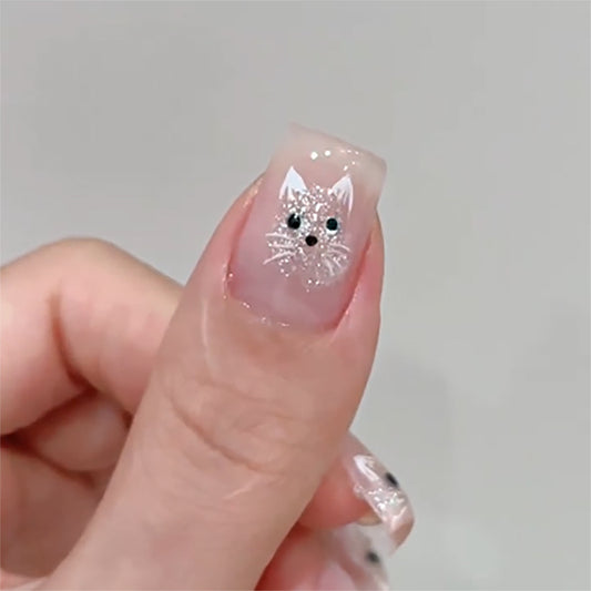Whimsical Feline Fantasy Medium Square Pink Glitter Accented Press On Nail Set