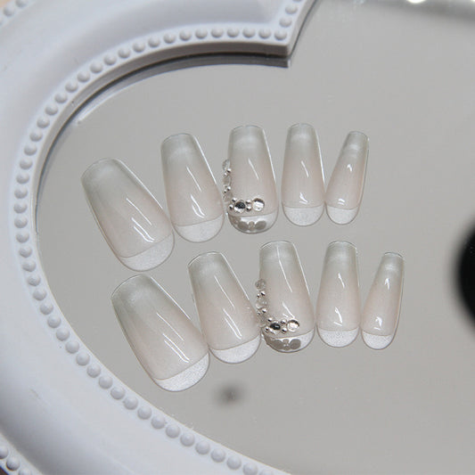 Elegant Bridal Collection Medium Coffin White Press On Nail Set with Rhinestone Accents