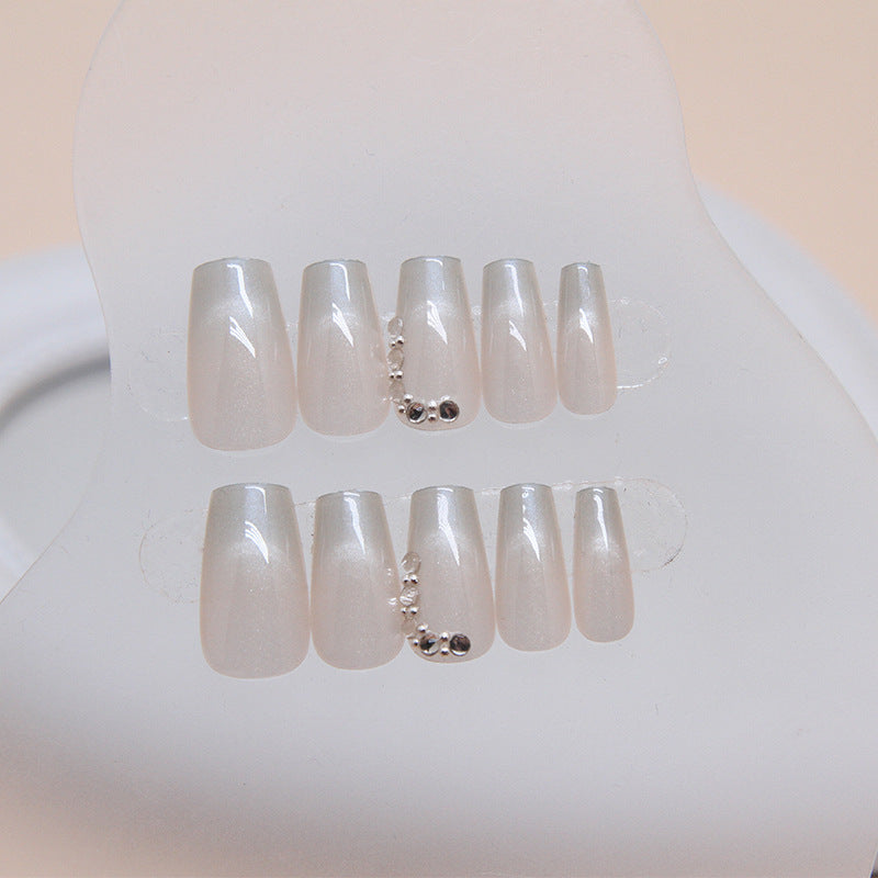 Elegant Shimmer Collection Medium Coffin Shaped Soft White Press On Nails with Rhinestone Accents