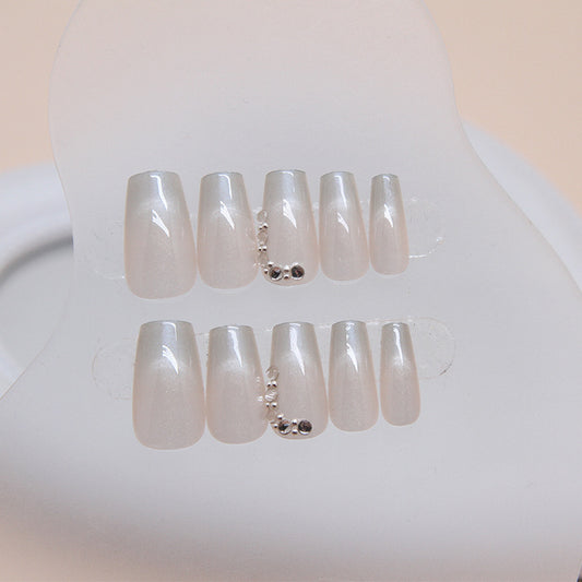 Elegant Shimmer Collection Medium Coffin Shaped Soft White Press On Nails with Rhinestone Accents