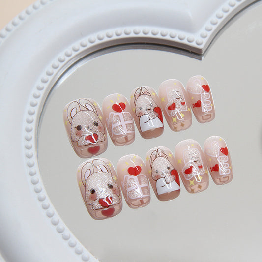 Enchanted Bunny Collection Short Round Beige Glitter Accent Press On Nail Set