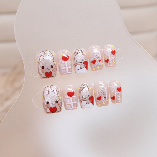Whimsical Bunny-Themed Short Round Press-On Nail Set in White with Adorable Cartoon Accents and Glitter Detail