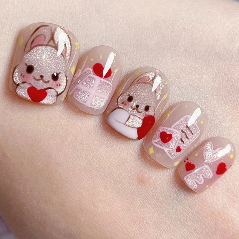 Enchanting Bunny Wonderland Short Round Pink Glitter Press On Nail Set with 3D Heart Accents