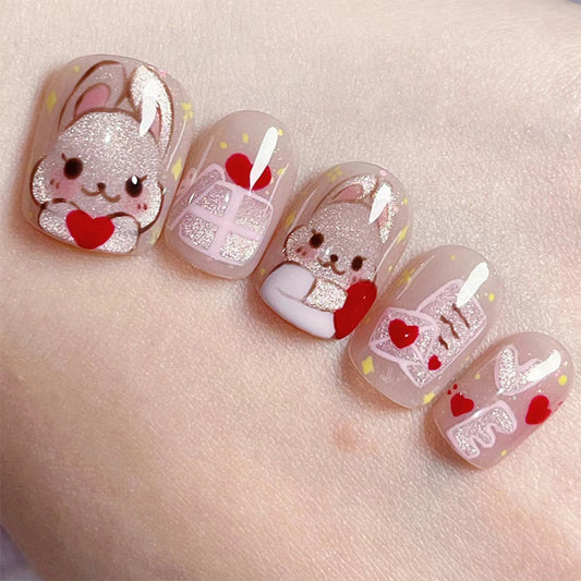 Enchanting Bunny Wonderland Short Round Pink Glitter Press On Nail Set with 3D Heart Accents