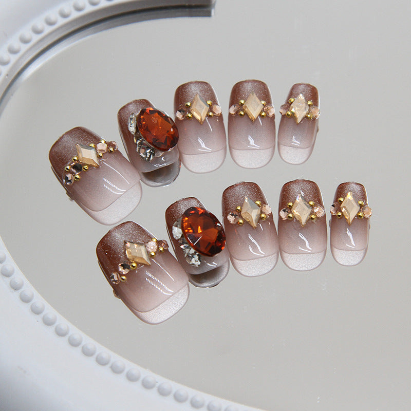 Elegant Autumn Glow Short Round Beige Press On Nails with Gemstone Embellishments