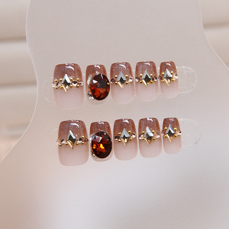 Autumn Elegance Short Round Brown Press On Nail Set with Sparkling Rhinestone Accents