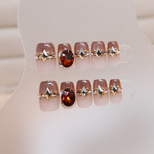 Autumn Elegance Short Round Brown Press On Nail Set with Sparkling Rhinestone Accents
