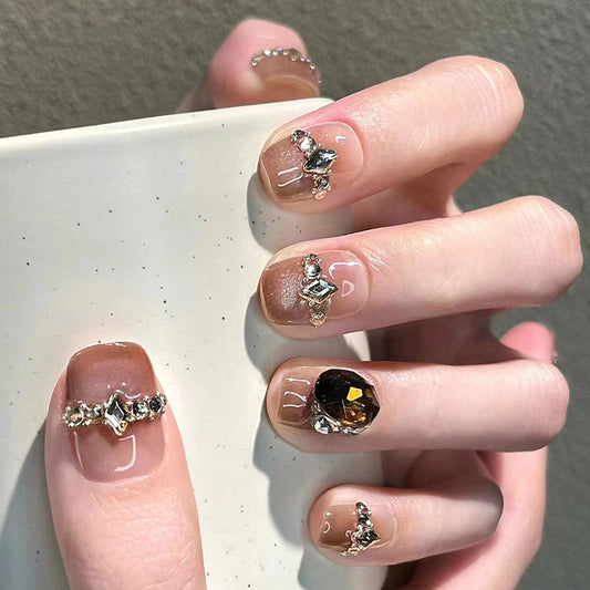 Elegant Soiree Short Round Cut Soft Pink Nail Set with Rhinestone Embellishments