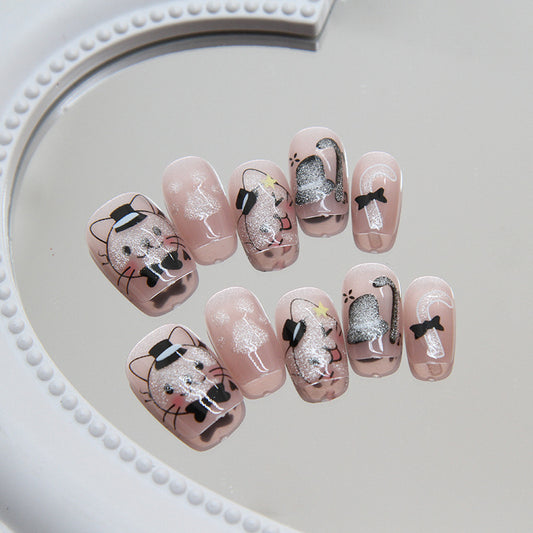 Enchanted Cat-Themed Short Round Pink Press On Nails with Glitter Accents and Cat Silhouettes