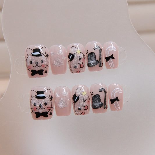 Chic Feline Elegance Short Round Pink Press On Nail Set with Glitter Accents and Cat Designs