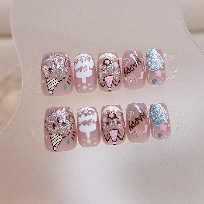 Enchanted Dessert-Themed Short Round Pink Press On Nails with Glitter Accents and Adorable Ice Cream Designs