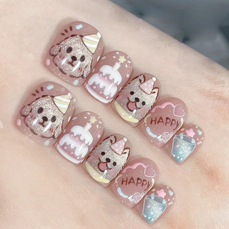 Whimsical Puppy Party Short Round Pink Glitter Press On Nail Set with 3D Animal Accents