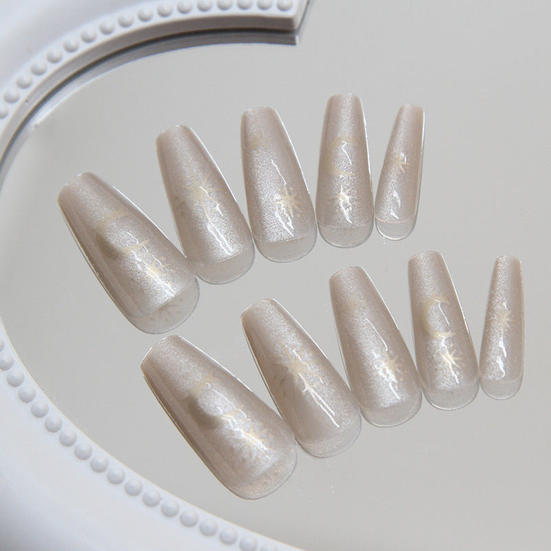 Elegant Sparkle Long Coffin Taupe Press On Nails with Shimmery Accents