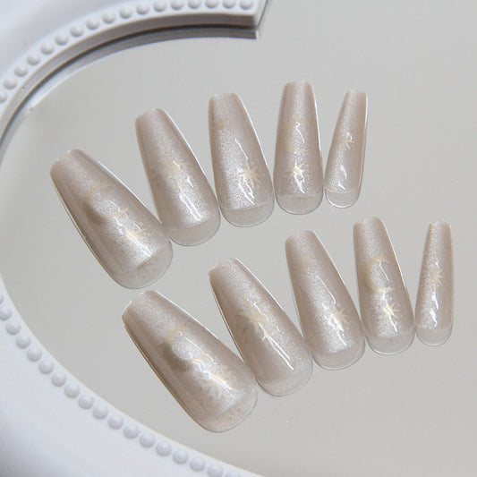Elegant Sparkle Long Coffin Taupe Press On Nails with Shimmery Accents