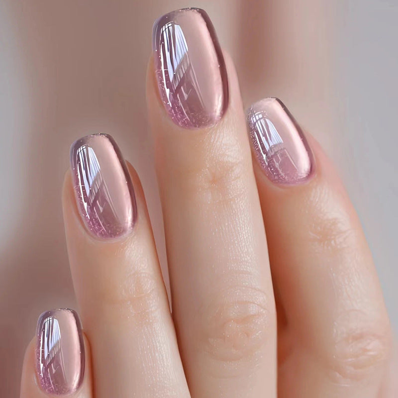 Elegant Evening Short Oval Pink Chrome Press On Nail Set with Reflective Shine