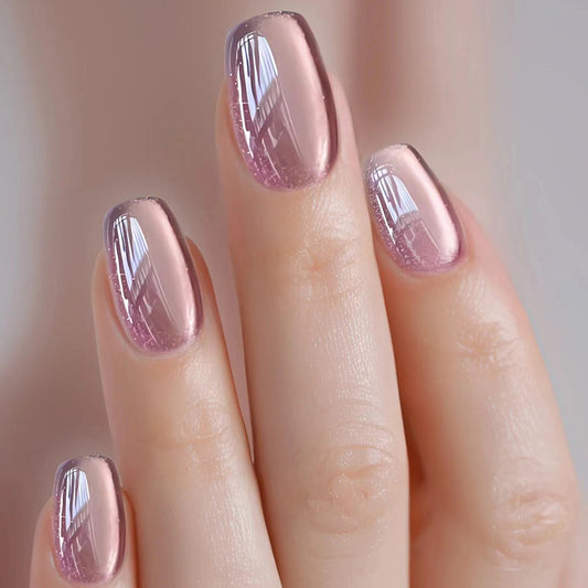 Elegant Evening Short Oval Pink Chrome Press On Nail Set with Reflective Shine