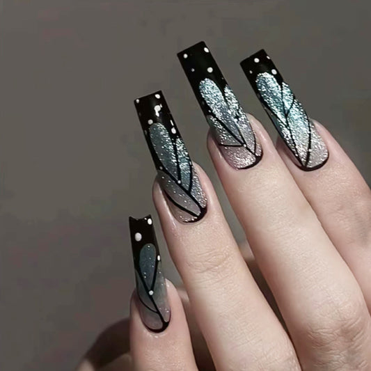 Mystical Midnight Extra Long Coffin Black Press On Nails with Silver Glitter Accents and Rhinestone Embellishments