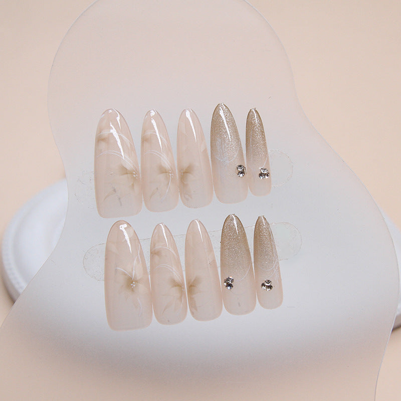 Elegant Marble Chic Long Almond Beige and Glitter Press On Nail Set with Rhinestone Accents