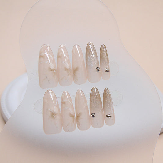 Elegant Marble Chic Long Almond Beige and Glitter Press On Nail Set with Rhinestone Accents