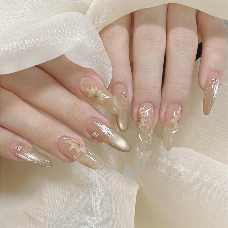 Ethereal Elegance Long Almond Beige Floral Embellished Press On Nail Set