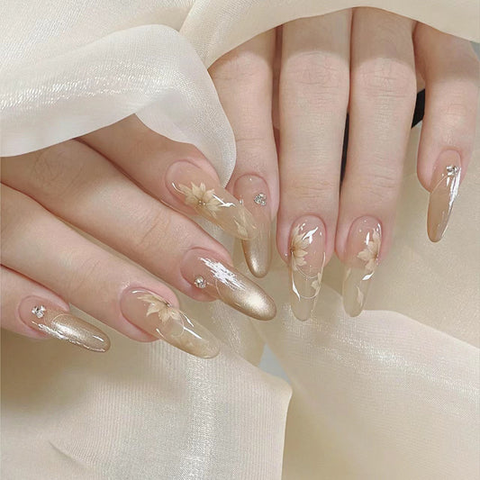 Ethereal Elegance Long Almond Beige Floral Embellished Press On Nail Set