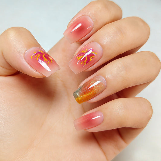 Bohemian Sunset Medium Square Press On Nail Set in Gradient Pink with Stunning Floral Accents