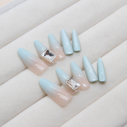 Winter Sparkle Long Stiletto Ombre Blue Press On Nails with Glitter Accents and Rhinestone Embellishments