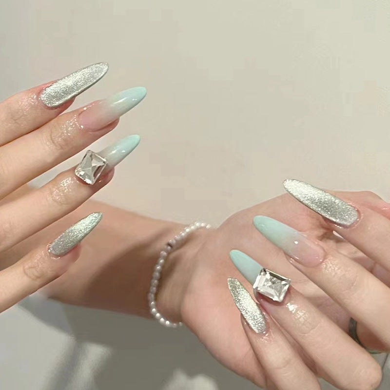Enchanted Winter Glamour Long Stiletto Mint Green and Silver Glitter Press On Nail Set with Crystal Accents