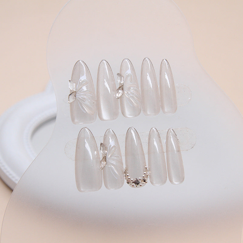Elegant Bridal Long Almond Clear Press On Nail Set with Rhinestone Accents and Floral Design