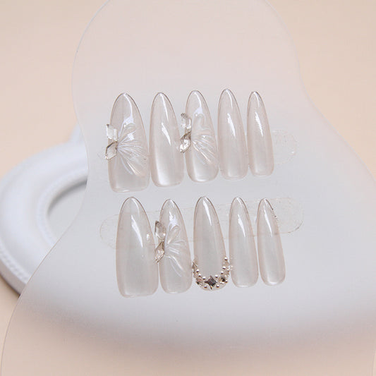 Elegant Bridal Long Almond Clear Press On Nail Set with Rhinestone Accents and Floral Design