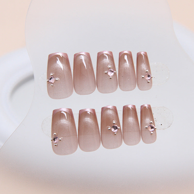 Elegant Bridal Collection Medium Coffin Beige Press On Nail Set with Sparkling Rhinestone Accents