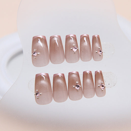 Elegant Bridal Collection Medium Coffin Beige Press On Nail Set with Sparkling Rhinestone Accents