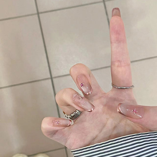 Elegant Sparkle Long Oval Beige Press On Nail Set with Pink Glitter Accents